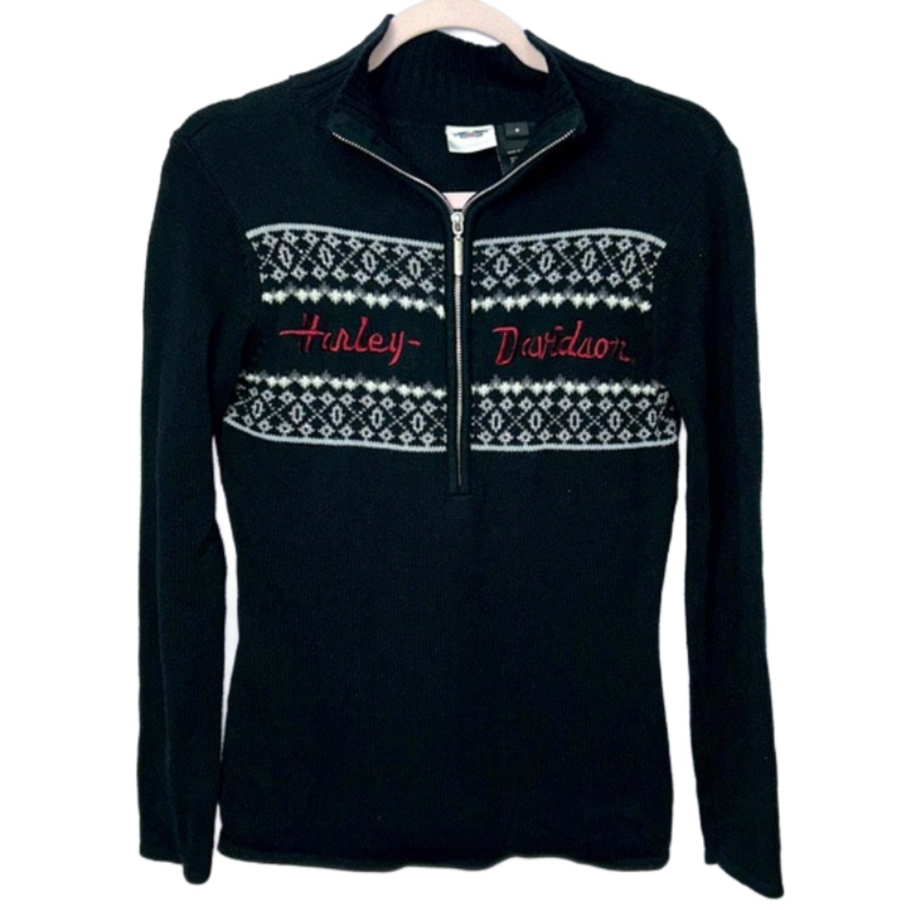 Harley-Davidson Women's Black Zip Neck Sweater with Embroidered Logo